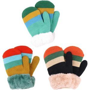 3 Pairs Kids' Sherpa Lined Knit Mittens Boys Girls Winter Gloves